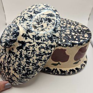 Stonewear Lidded Cassarole Dish. Green Sponged w/ Apple Design